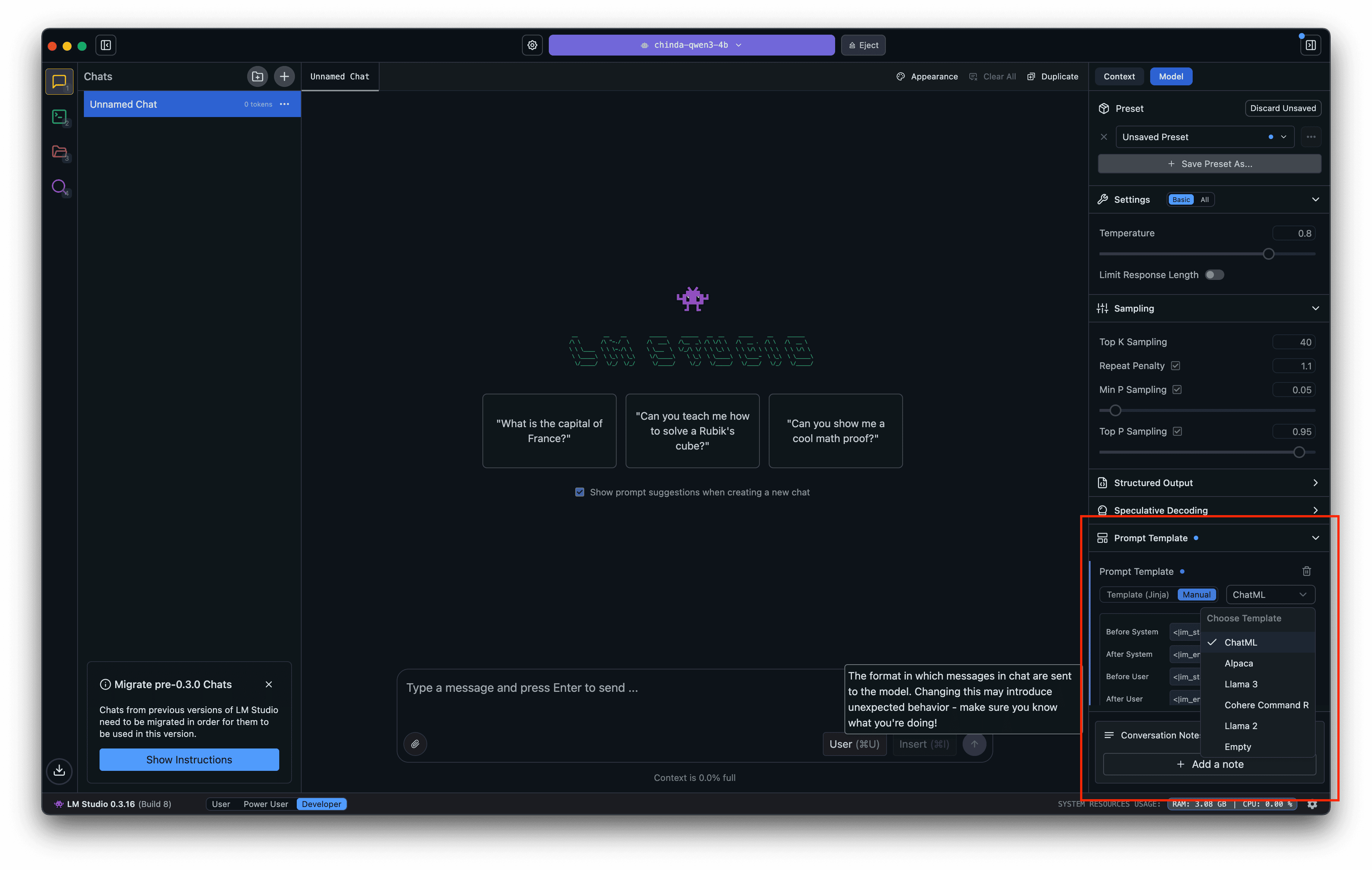 Choosing the ChatML prompt template